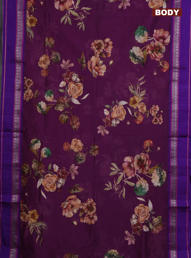 Maheshwari silk cotton saree purple and blue with floral digital prints and rettapet zari woven border