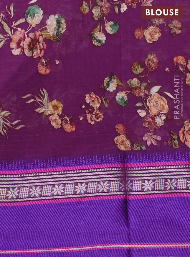 Maheshwari silk cotton saree purple and blue with floral digital prints and rettapet zari woven border