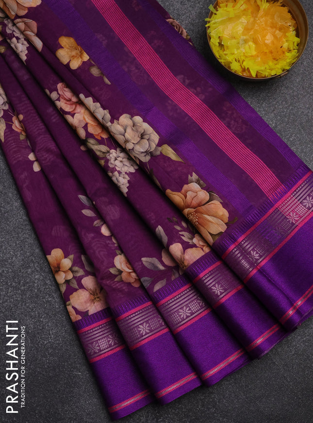 Maheshwari silk cotton saree purple and violet with floral digital prints and rettapet zari woven border