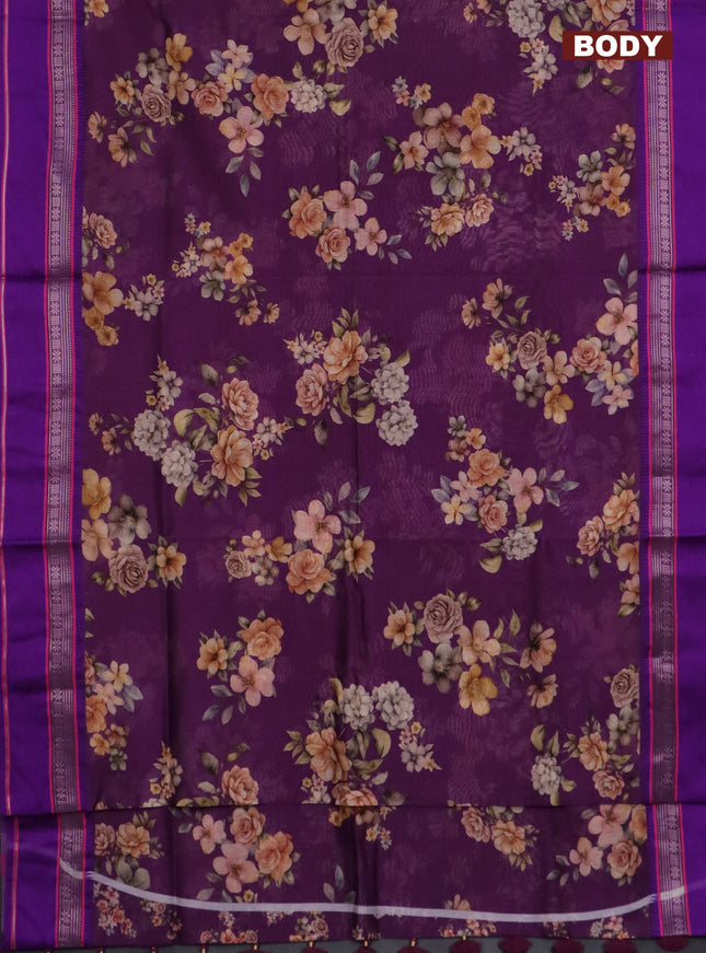 Maheshwari silk cotton saree purple and violet with floral digital prints and rettapet zari woven border
