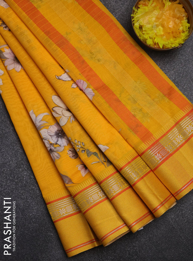 Maheshwari silk cotton saree mango yellow with floral digital prints and rettapet zari woven border