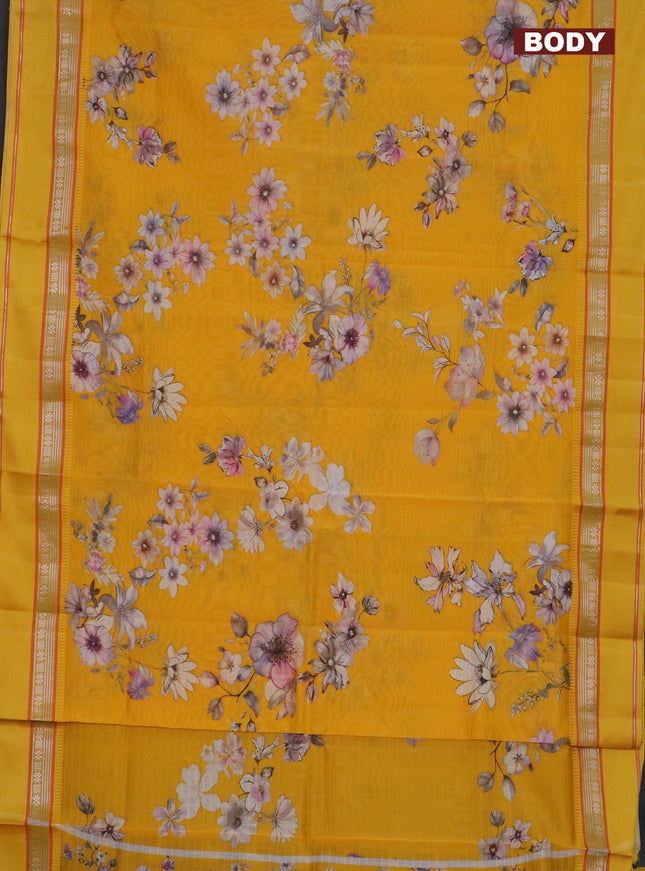Maheshwari silk cotton saree mango yellow with floral digital prints and rettapet zari woven border