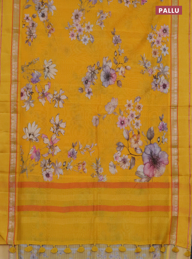Maheshwari silk cotton saree mango yellow with floral digital prints and rettapet zari woven border