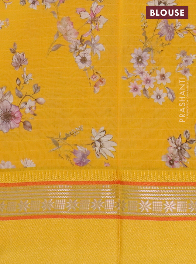 Maheshwari silk cotton saree mango yellow with floral digital prints and rettapet zari woven border
