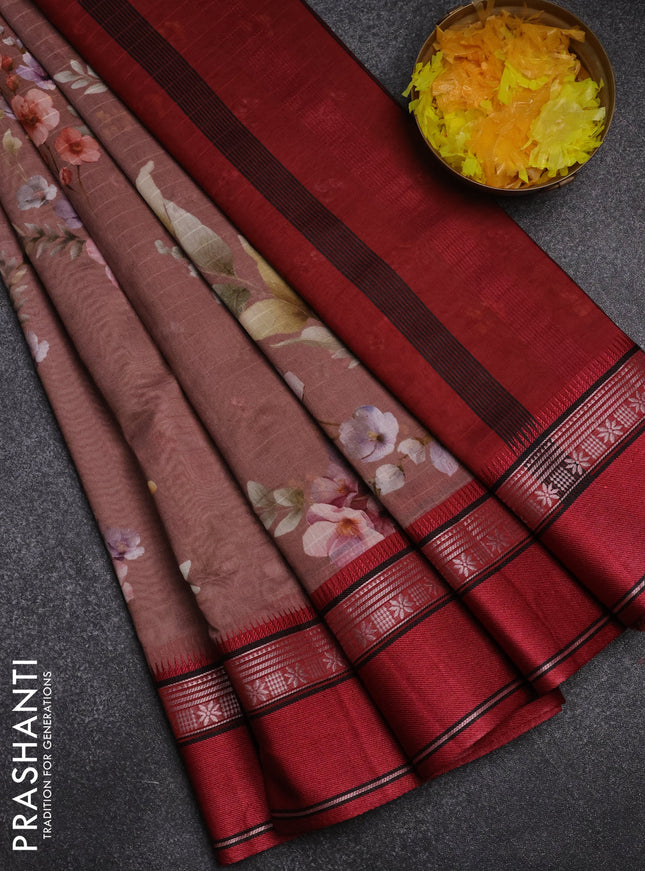 Maheshwari silk cotton saree brown shade and maroon with floral digital prints and rettapet zari woven border