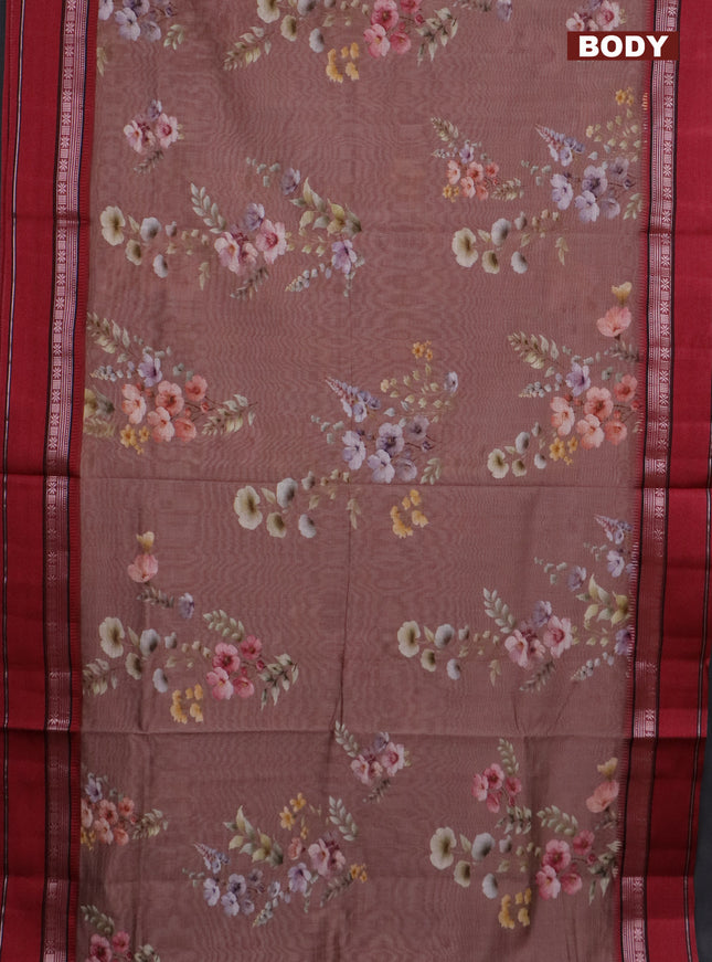 Maheshwari silk cotton saree brown shade and maroon with floral digital prints and rettapet zari woven border