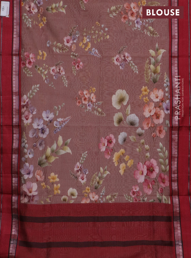 Maheshwari silk cotton saree brown shade and maroon with floral digital prints and rettapet zari woven border