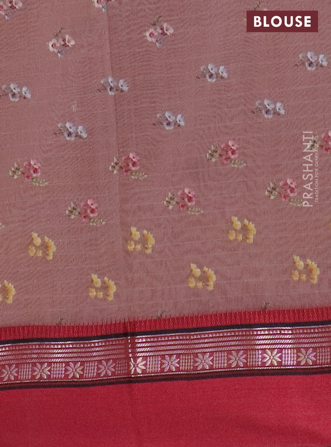 Maheshwari silk cotton saree brown shade and maroon with floral digital prints and rettapet zari woven border