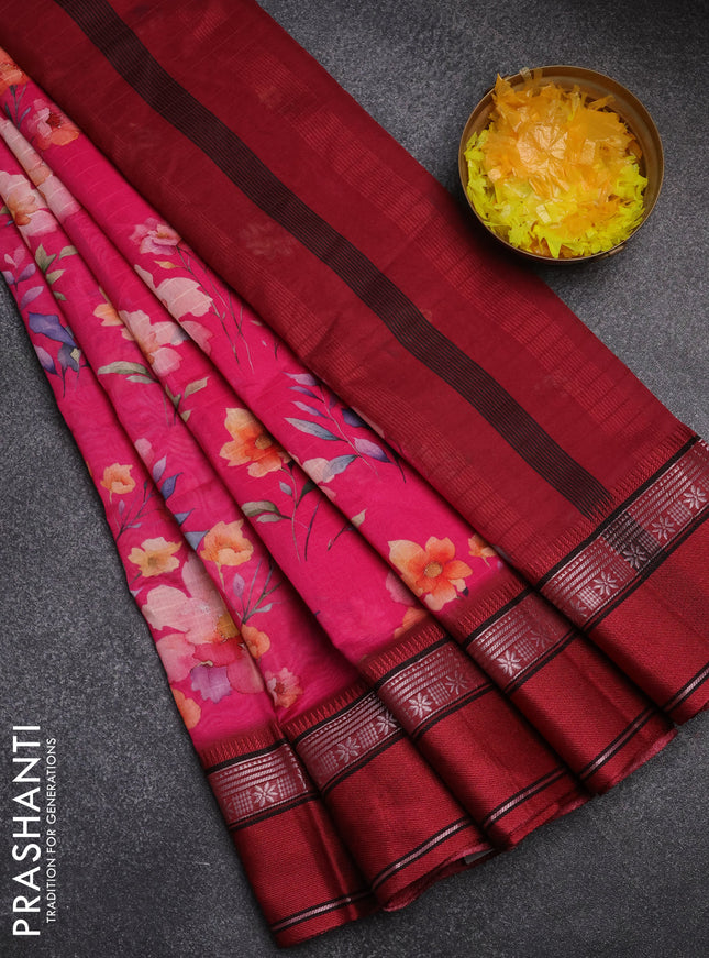 Maheshwari silk cotton saree pink and maroon with floral digital prints and rettapet zari woven border