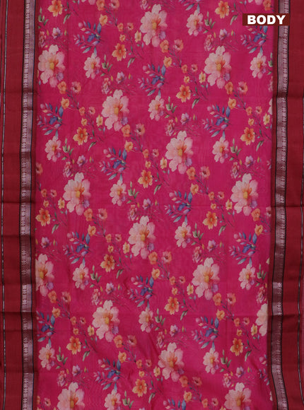 Maheshwari silk cotton saree pink and maroon with floral digital prints and rettapet zari woven border