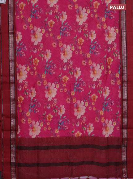 Maheshwari silk cotton saree pink and maroon with floral digital prints and rettapet zari woven border