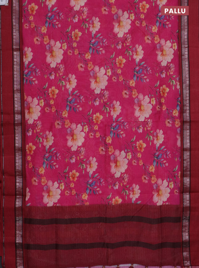Maheshwari silk cotton saree pink and maroon with floral digital prints and rettapet zari woven border