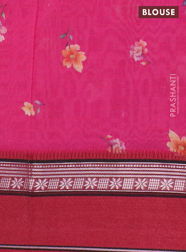 Maheshwari silk cotton saree pink and maroon with floral digital prints and rettapet zari woven border