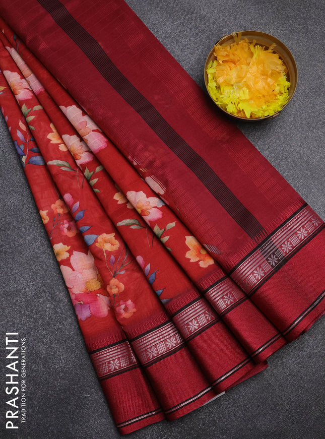 Maheshwari silk cotton saree red and maroon with floral digital prints and rettapet zari woven border