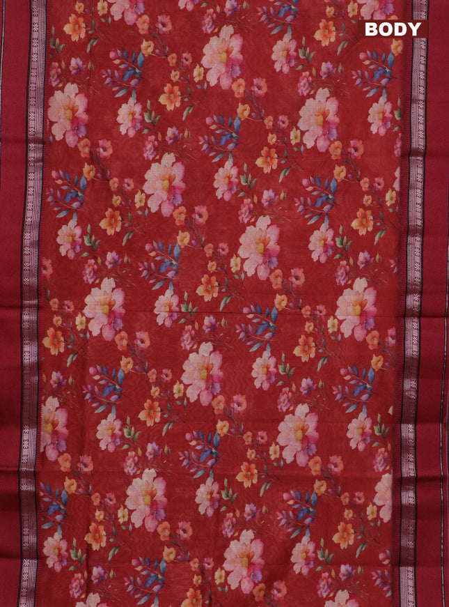 Maheshwari silk cotton saree red and maroon with floral digital prints and rettapet zari woven border