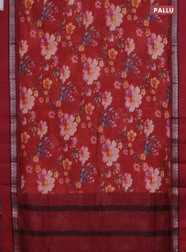 Maheshwari silk cotton saree red and maroon with floral digital prints and rettapet zari woven border