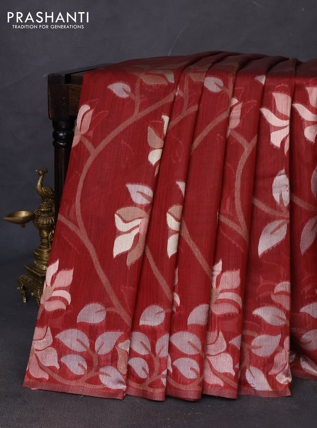 Semi linen saree maroon with allover thread & zari floral weaves in borderless style