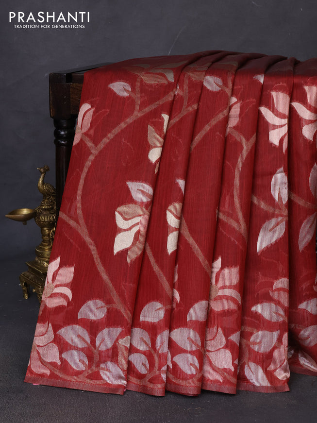 Semi linen saree maroon with allover thread & zari floral weaves in borderless style