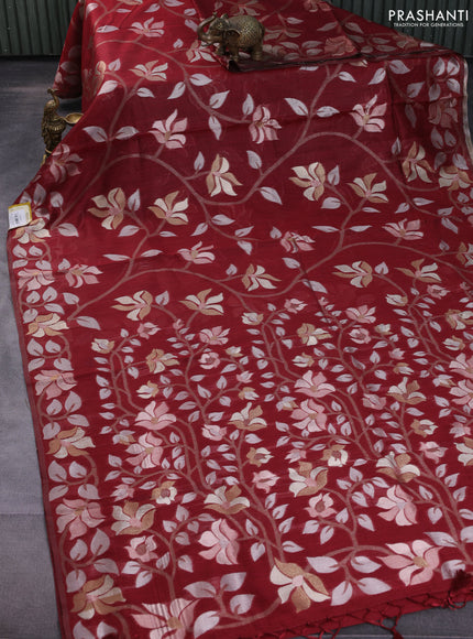 Semi linen saree maroon with allover thread & zari floral weaves in borderless style