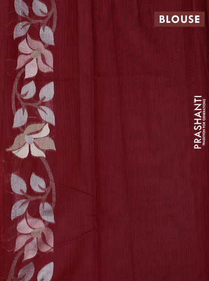 Semi linen saree maroon with allover thread & zari floral weaves in borderless style