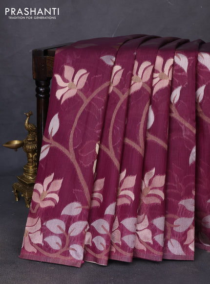 Semi linen saree wine shade with allover thread & zari floral weaves in borderless style