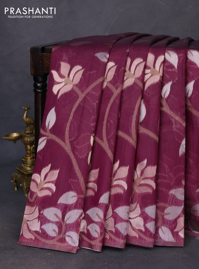Semi linen saree wine shade with allover thread & zari floral weaves in borderless style