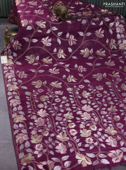 Semi linen saree wine shade with allover thread & zari floral weaves in borderless style