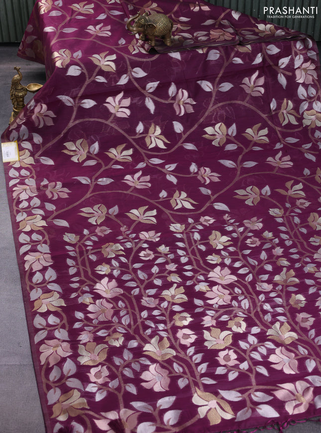 Semi linen saree wine shade with allover thread & zari floral weaves in borderless style
