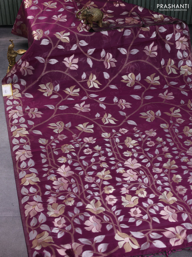 Semi linen saree wine shade with allover thread & zari floral weaves in borderless style