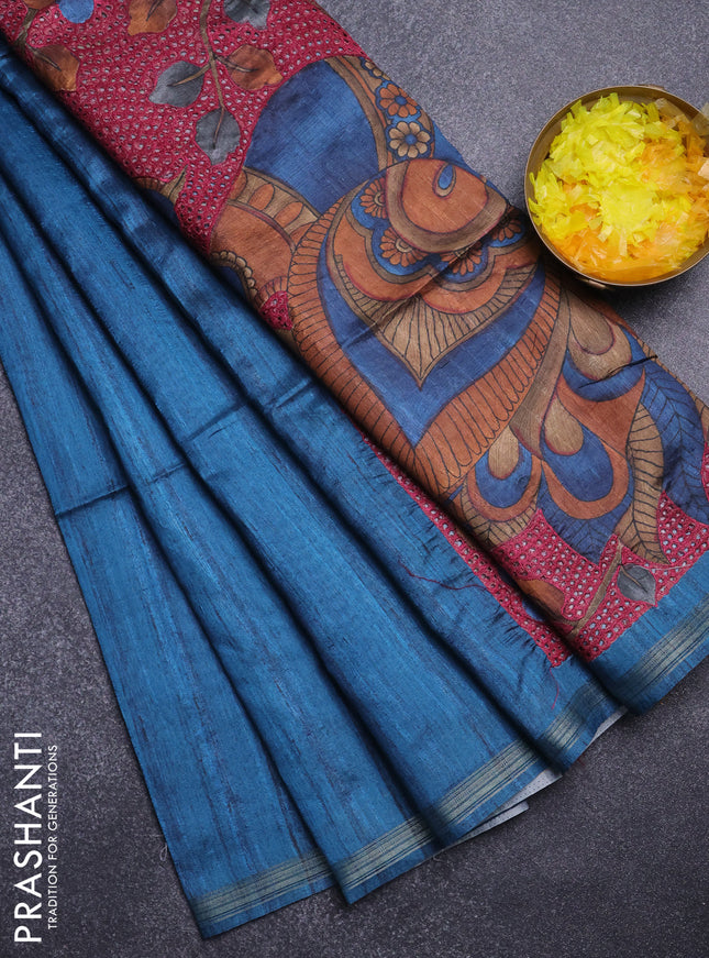 Semi tussar saree peacock blue with plain body and kalamkari prints & cut work pallu
