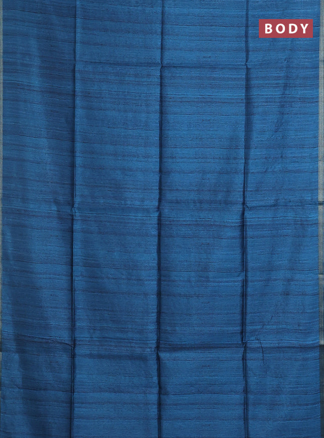 Semi tussar saree peacock blue with plain body and kalamkari prints & cut work pallu