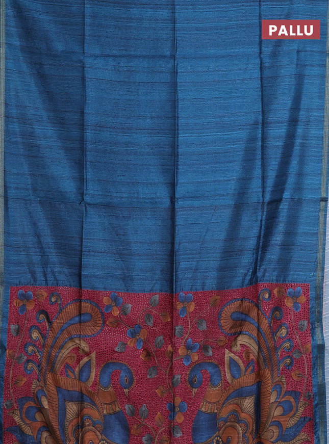 Semi tussar saree peacock blue with plain body and kalamkari prints & cut work pallu