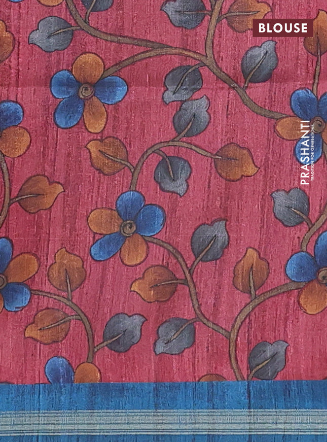 Semi tussar saree peacock blue with plain body and kalamkari prints & cut work pallu