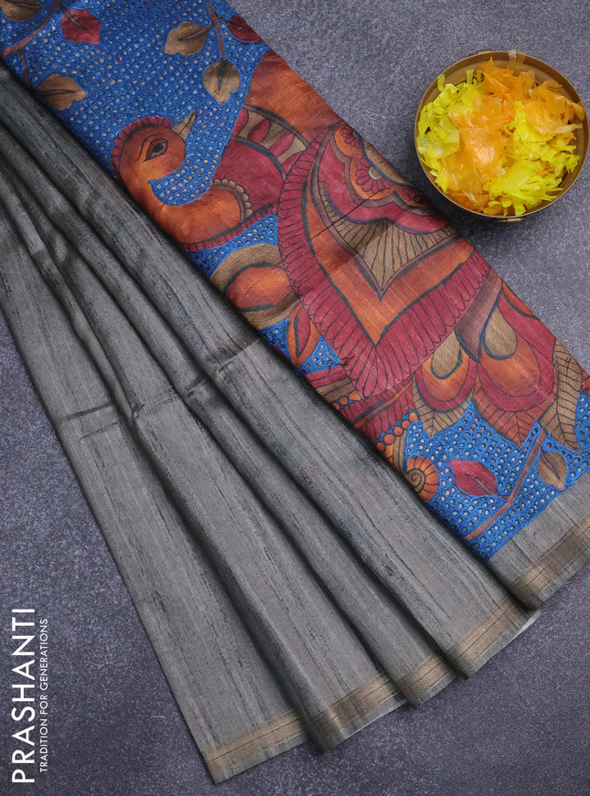 Semi tussar saree grey with plain body and kalamkari prints & cut work pallu