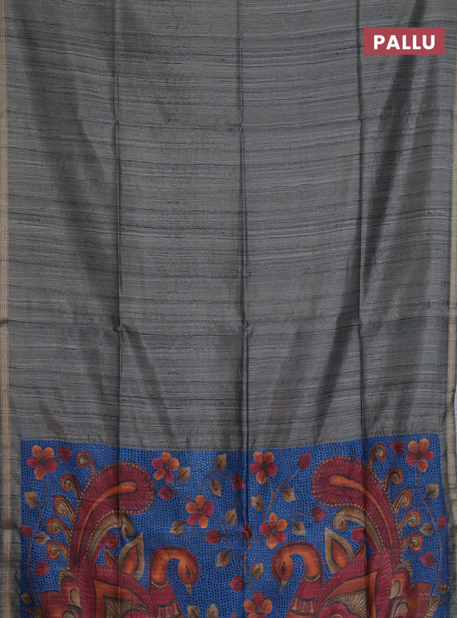 Semi tussar saree grey with plain body and kalamkari prints & cut work pallu