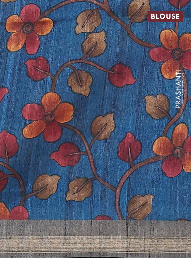 Semi tussar saree grey with plain body and kalamkari prints & cut work pallu