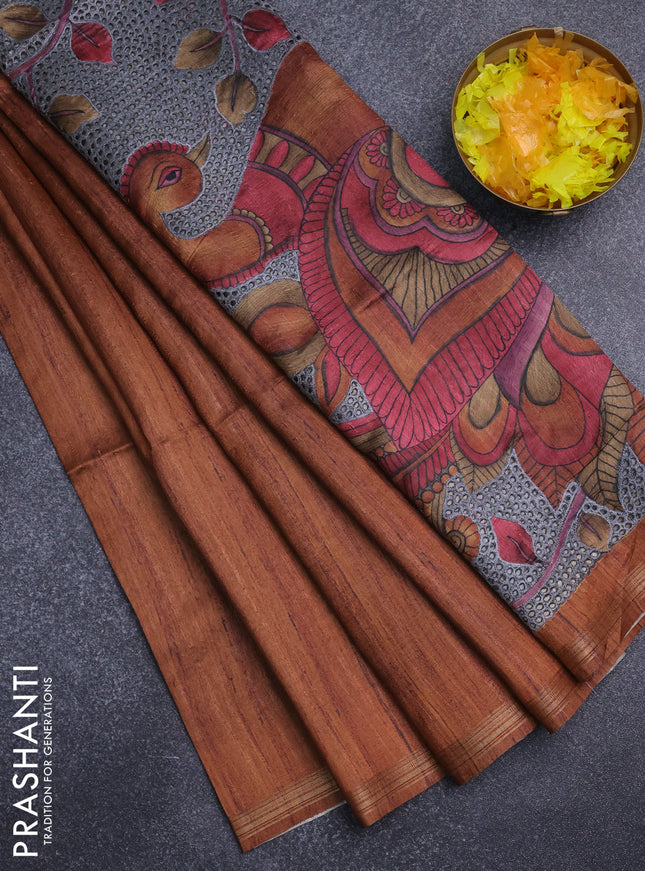 Semi tussar saree dark mustard with plain body and kalamkari prints & cut work pallu