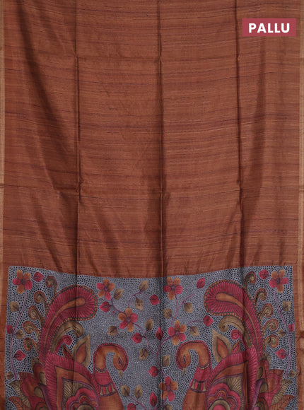 Semi tussar saree dark mustard with plain body and kalamkari prints & cut work pallu