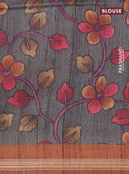 Semi tussar saree dark mustard with plain body and kalamkari prints & cut work pallu