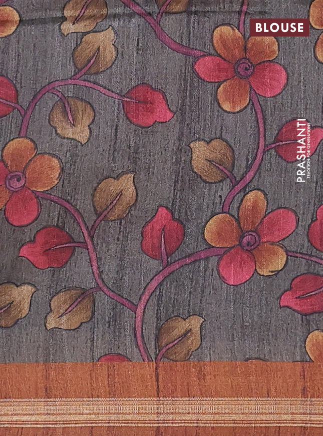 Semi tussar saree dark mustard with plain body and kalamkari prints & cut work pallu