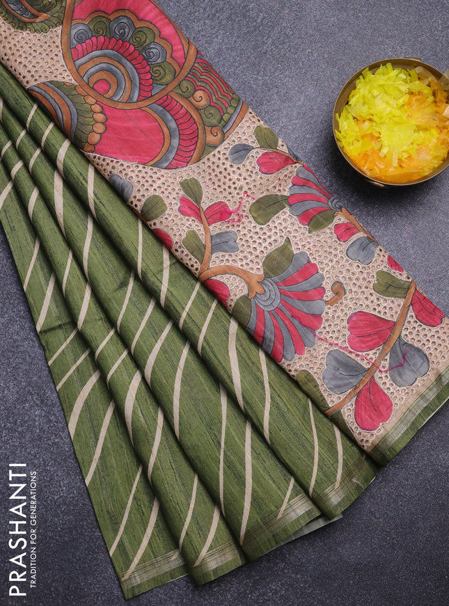 Semi tussar saree dark green with leheriya prints and kalamkari prints & cut work pallu