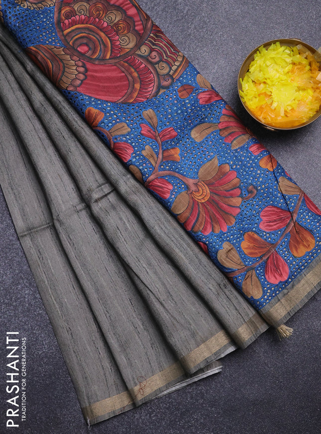 Semi tussar saree greyish green with plain body and kalamkari prints & cut work pallu