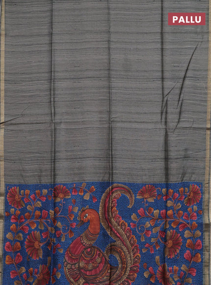 Semi tussar saree greyish green with plain body and kalamkari prints & cut work pallu