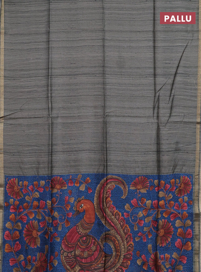 Semi tussar saree greyish green with plain body and kalamkari prints & cut work pallu