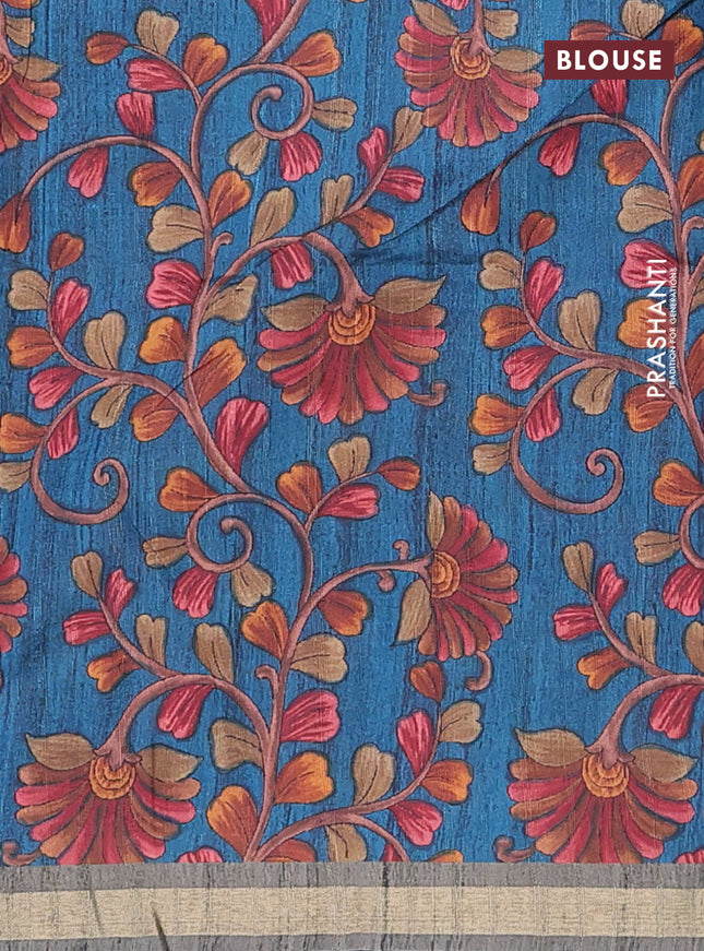 Semi tussar saree greyish green with plain body and kalamkari prints & cut work pallu