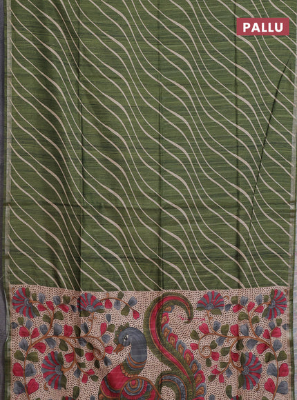 Semi tussar saree dark green with leheriya prints and kalamkari prints & cut work pallu