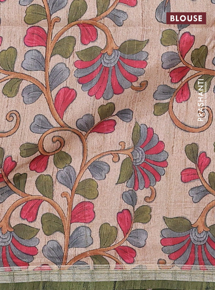 Semi tussar saree dark green with leheriya prints and kalamkari prints & cut work pallu