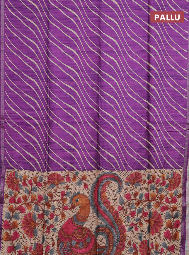 Semi tussar saree purple with leheriya prints and kalamkari prints & cut work pallu