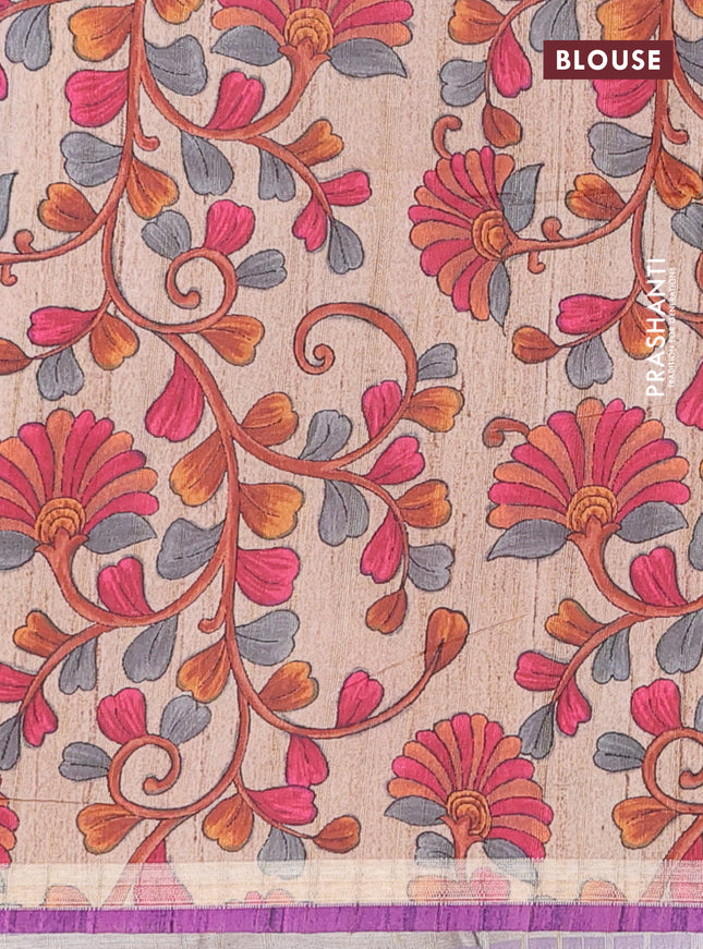 Semi tussar saree purple with leheriya prints and kalamkari prints & cut work pallu