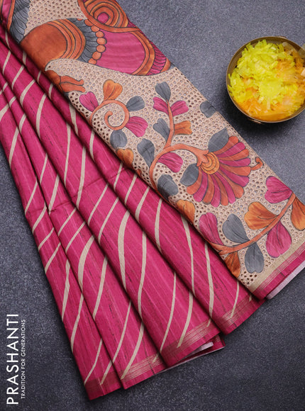 Semi tussar saree magenta pink with leheriya prints and kalamkari prints & cut work pallu